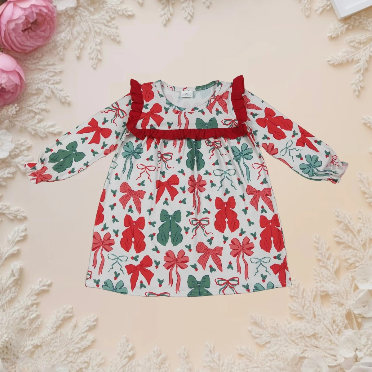 

New Toddler Baby Girls Princess Dress Christmas Red Green Bows Crew Neck Long Sleeves Knee Length Casual Wear Fall Kids Clothes