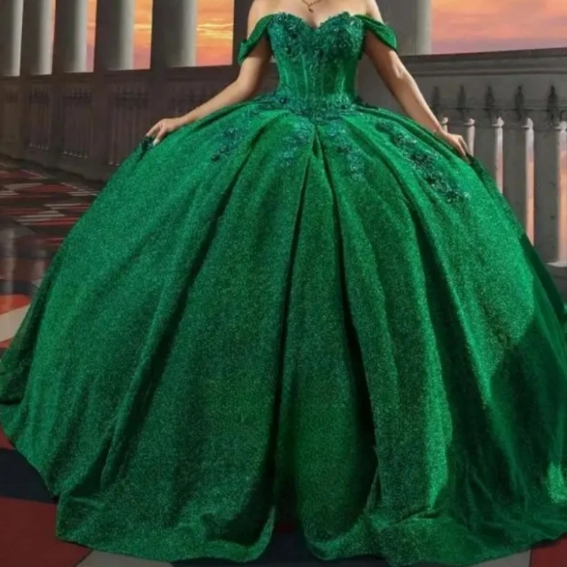 Elegante Abito Verde da Cerimonia per Donna, Vestito da Ballo con Spalle Scoperte e Applicazioni in Pizzo, Abito da Quinceañera Personalizzato per Ragazze di 15-16 Anni