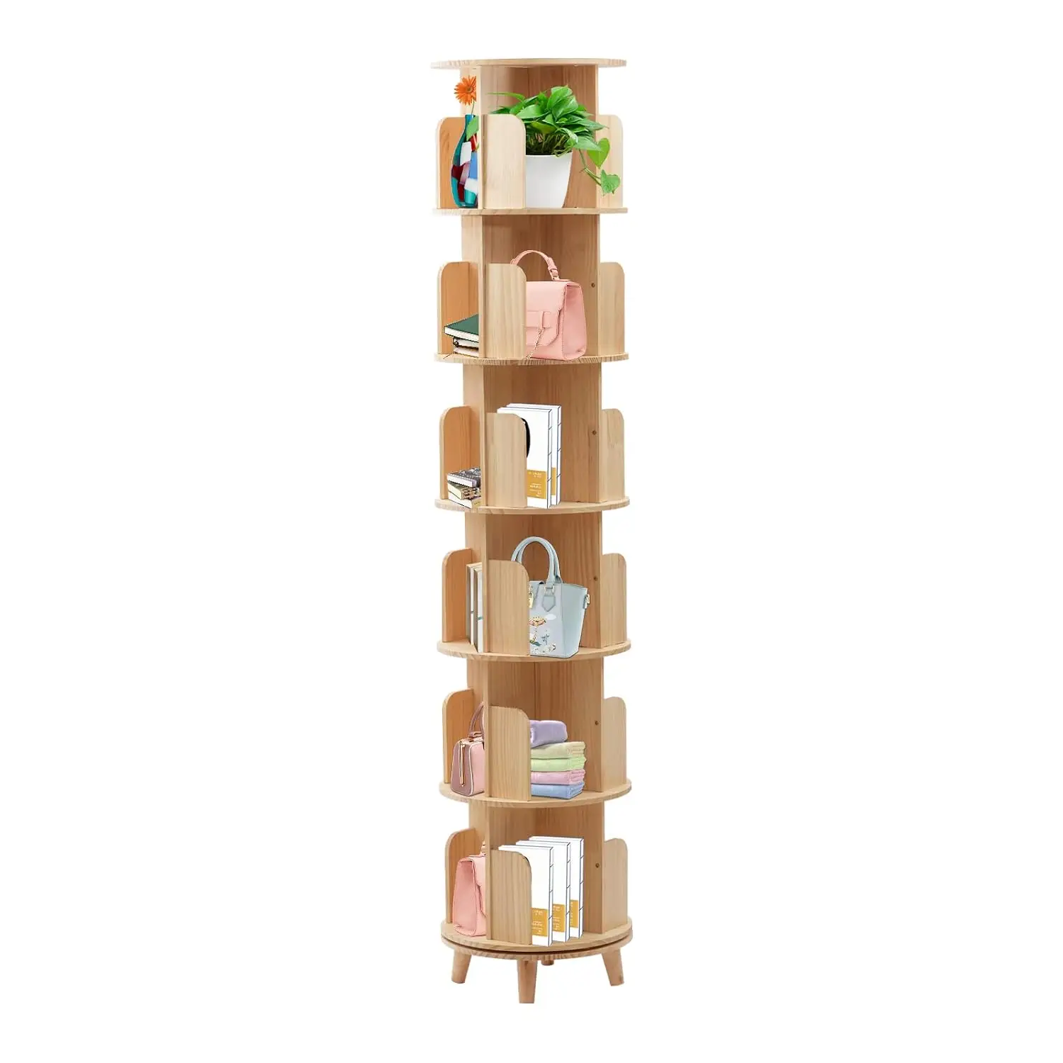 6 Tiers Rotating Bookshelf 76'' Solid Wood Spinning Organizer For Kids & Adults Home Office Study Room, Customized