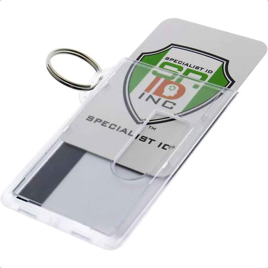 

5 Pack Heavy Duty Fuel Card ID Badge Holders with Keyring Holds Two Cards Clear Rigid Plastic ID Holder Keychain Attach Keys Pr