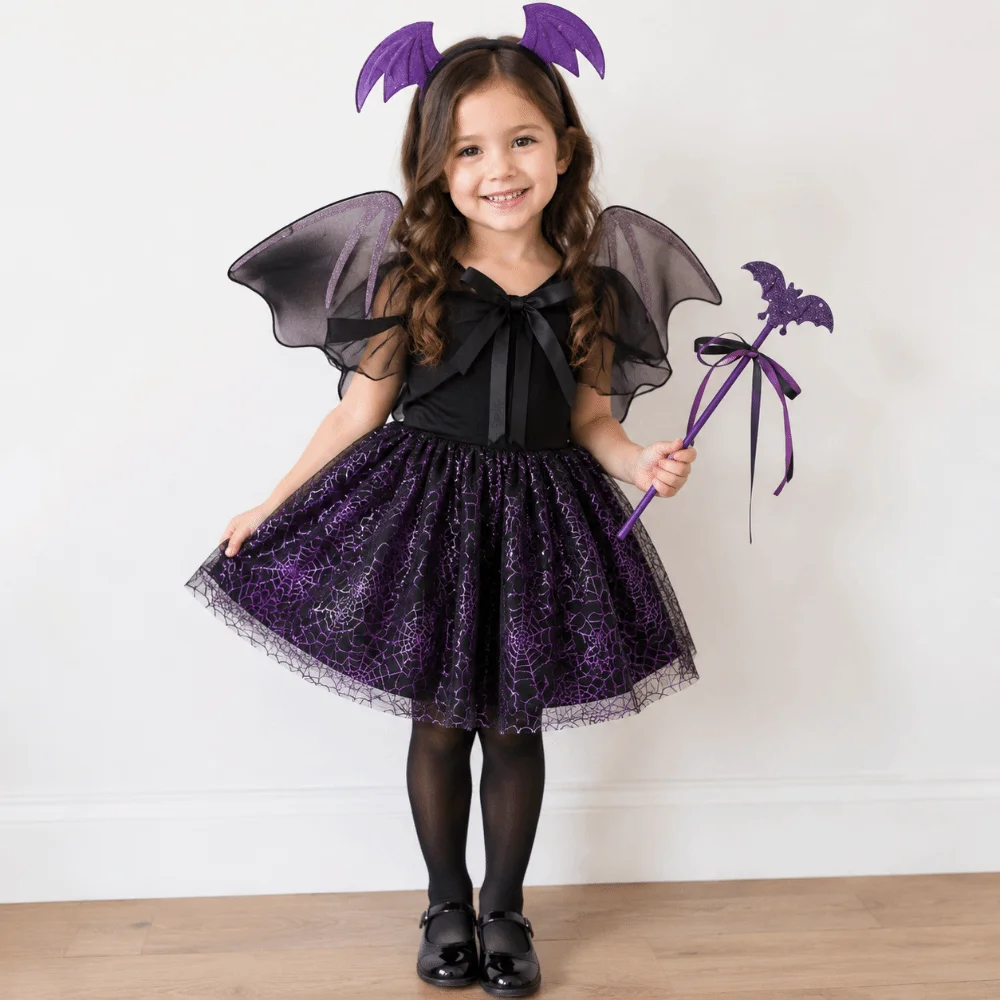 Spider Web Children Costume Set Bat Wing Breathable Cosplay Outfit Headband Magic Wand Lightweight Halloween Kids Skirt