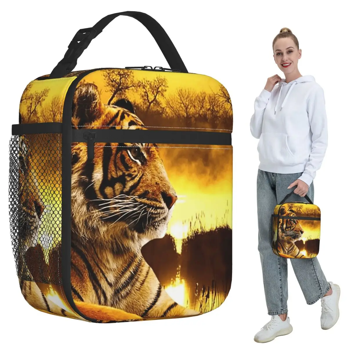 Tiger And Sunset Insulated Lunch Bag for Kids School Cooler Thermal Food Box Tote Leakproof Lunch Boxes Container