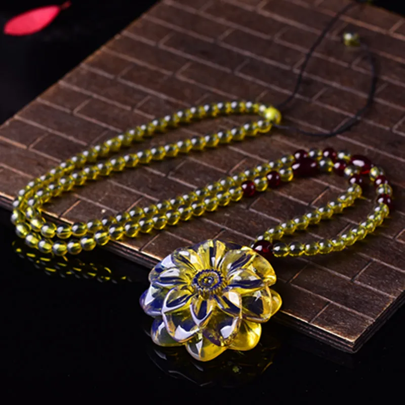 Second-generation Beeswax Amber Necklace, Flower Sweater Chain Pendant, Simple Men's and Women's Models
