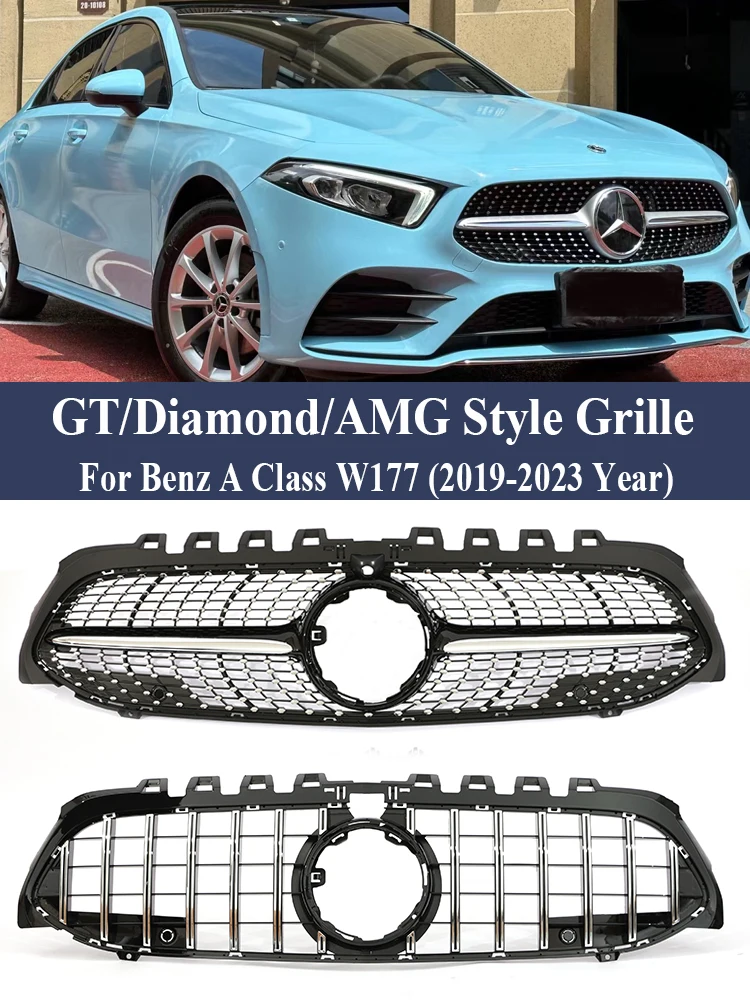 Front Bumper Panamericana GT Grille For Mercedes Benz A Class W177 2019-2022 Diamond AMG A35 A45 Black Chorme Grille A200 A180