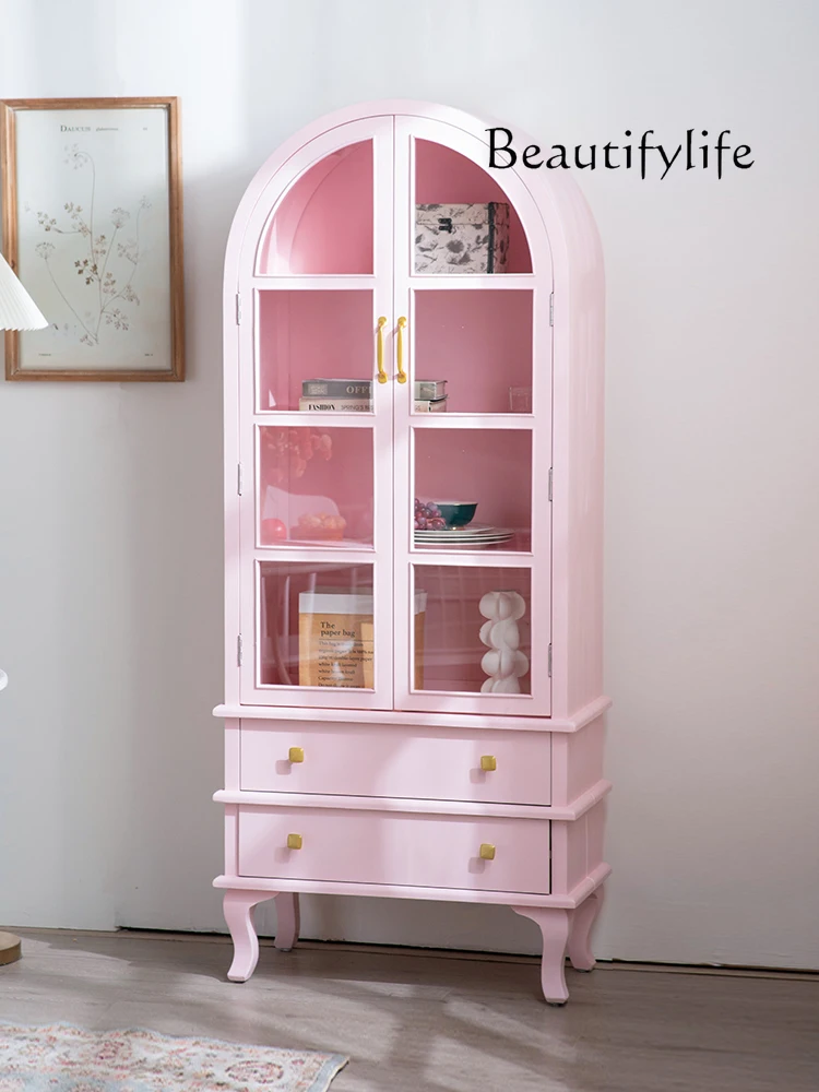 French Solid Wood Bookcase with Glass Door Pink Cream Wind Arch Home Wall Display Cabinet