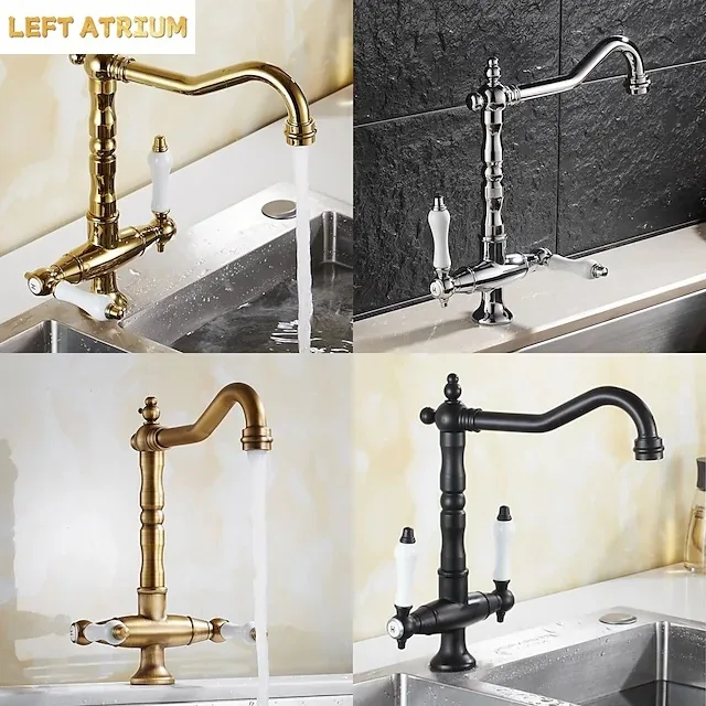Faucet for Kitchen Dual Handle Antique Brass Retro Faucet 360 Degree Rotation Kitchen Sink Taps Deck Mounted Bathroom Sink Mixer