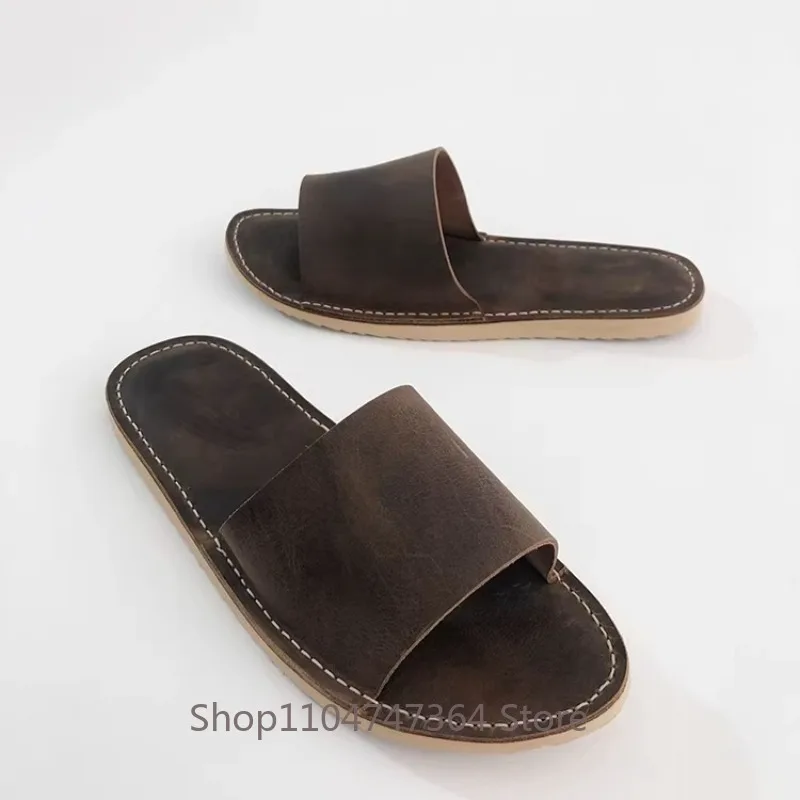 Handmade Genuine Leather Slippers Men's Shoes Casual Outdoor Open Toe Slip on Comfortable Flat Sole Fashion Sandals Male