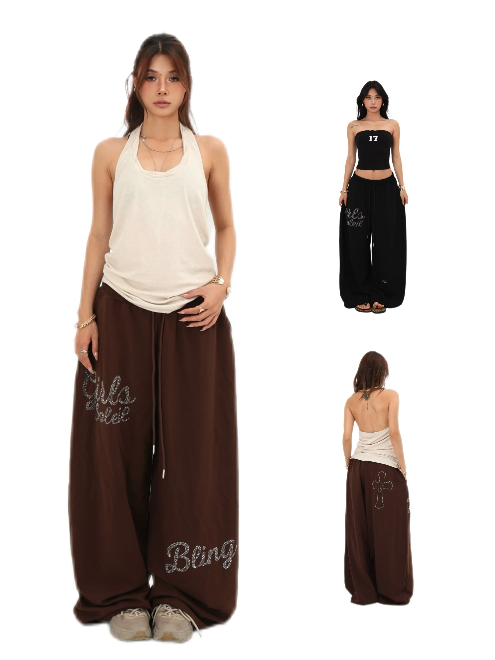 

Женские спортивные брюки Blinggirls в американском ретро-стиле, свободные, с широкими штанинами, с эффектом влагоотвода, для активных девушек, с высокой талией