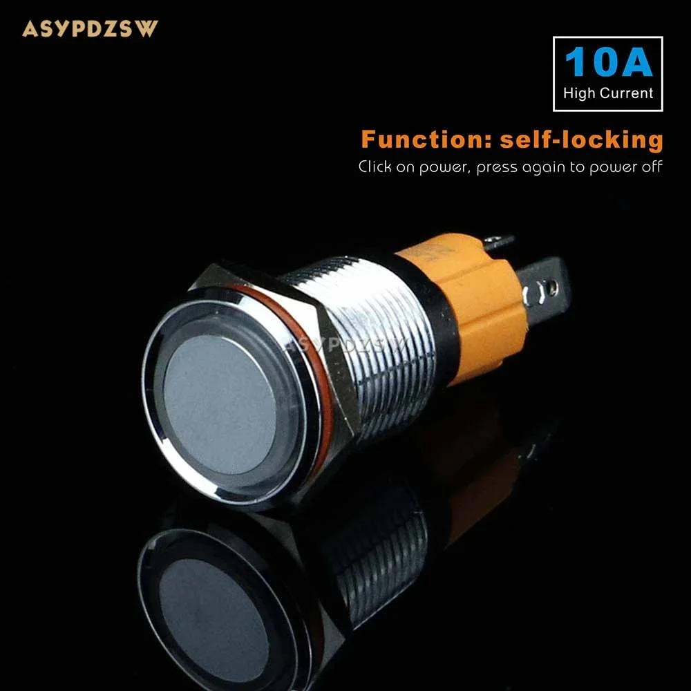 16mm High Current Self-locking metal button 250V 10A Power supply switch With blue light 220V