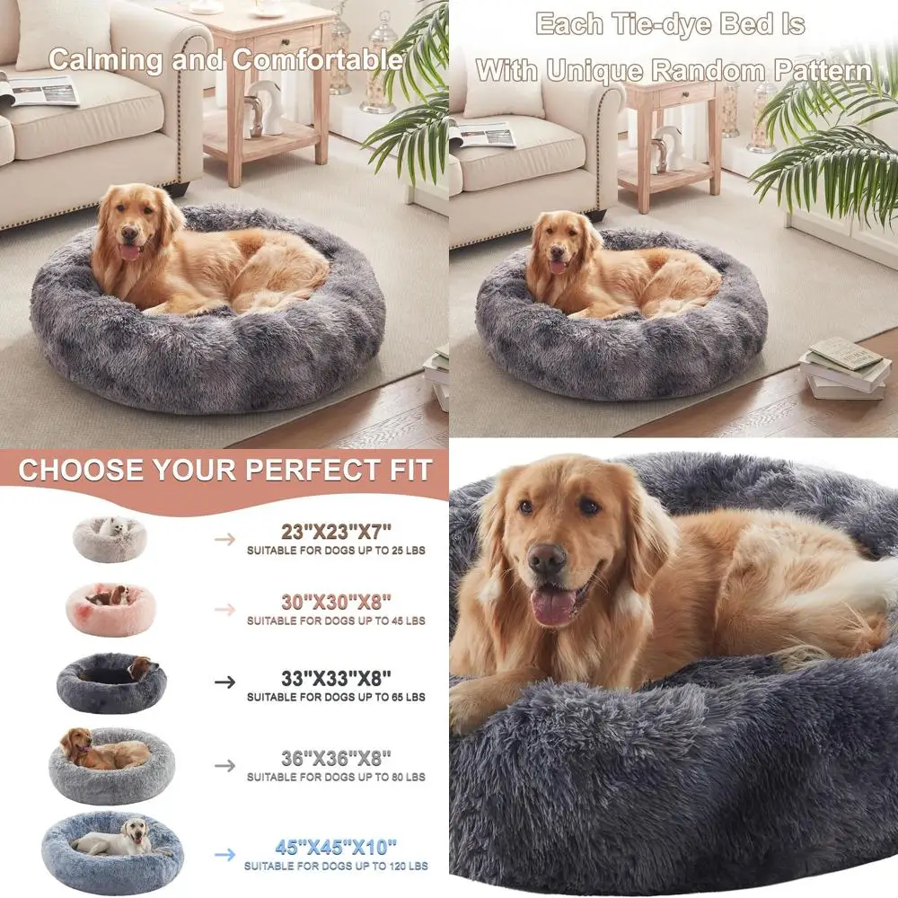 

Large Calming Round Donut Dog Bed - Removable Washable Cover, Fits Pets up to 80 lbs, Tie-dye Grey