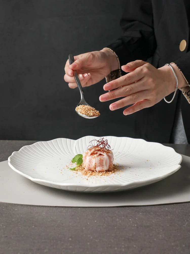 

Large Size Ceramic Plate Creative Flower Pattern White Dinner Plate Steak Hotel Buffet Fruit Serving Dish Handmade Kitchenware