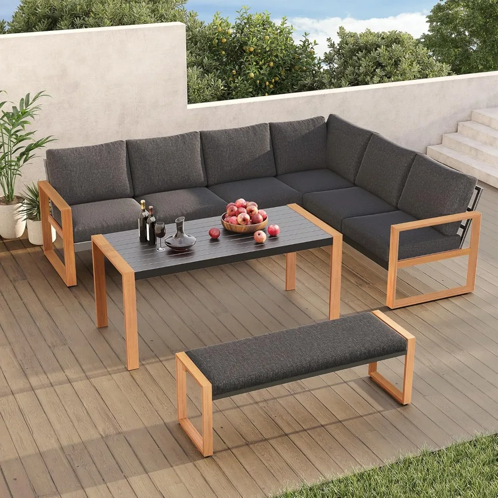 Aluminum Patio Furniture Set,  with Dining Table and Bench, Modern Outdoor Conversation Corner Sofa with Chaise