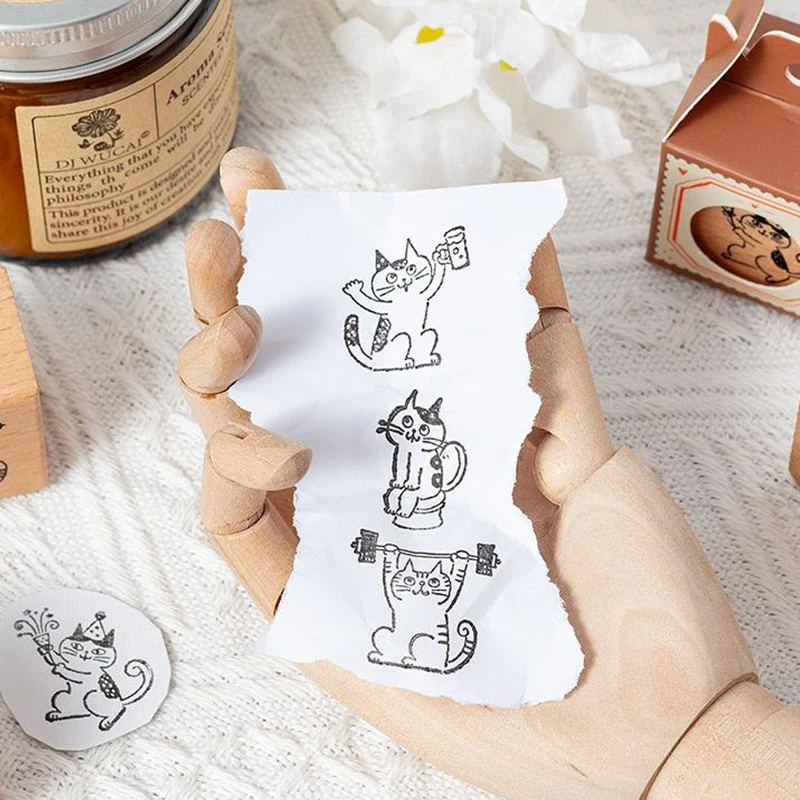 Stempel karet kayu Retro Kawaii lucu kartun kucing hitam kecil DIY dekorasi cap kreatif buku harian cap tangan segel hadiah