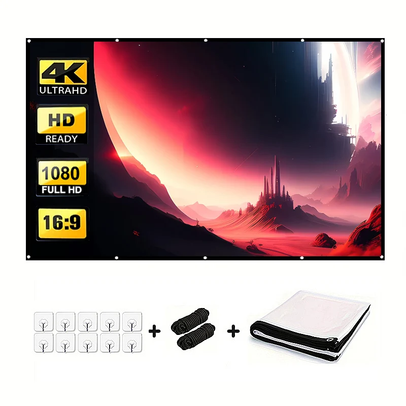 Foldable projection screen 100 inches. Large screen with rope for moving the large screen. High definition projector adaptation.