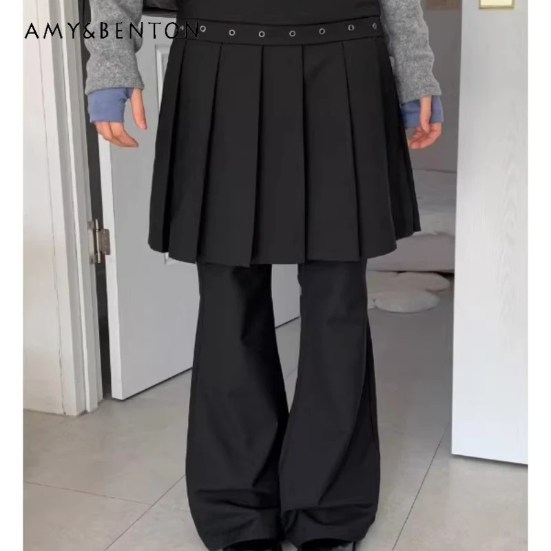 

American Design Pleated Skirt Pants for Women 2026 Spring Autumn New Loose Slimming Y2k Versatile Black Straight Trousers Ladies