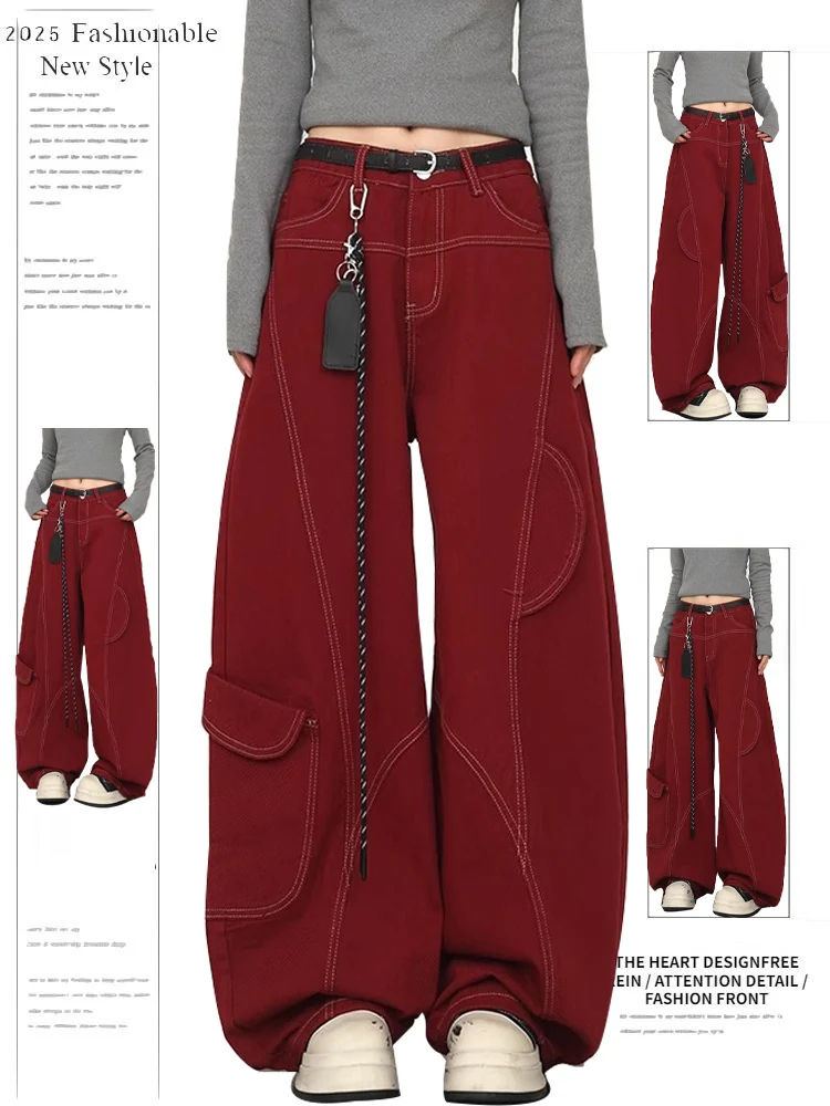 

American Retro Design Deconstructed Multi-ket Red Knife Denim Pants Women Summer Stitching Wide Leg Workwear Trousers