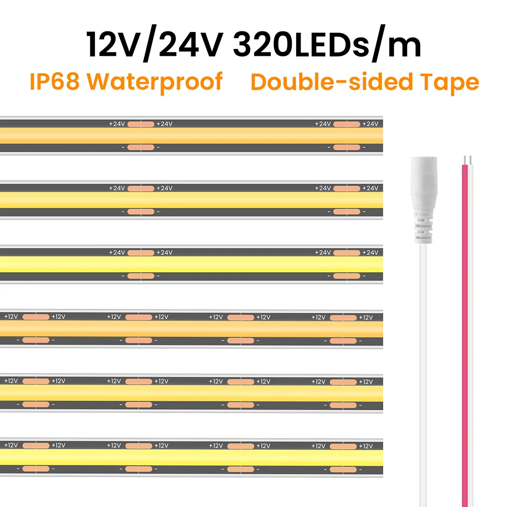 IP68 Waterproof COB LED Strip Black PCB 12V 24V 3000K 4000K 6000K RA90 320LEDs/m Tape Light for Bathroom Garden Pool Lighting