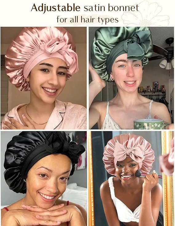 YANIBEST Verstellbare Seiden-Schlafhaube für Frauen Doppellagige Satin-Haube Reduziert Reibung Verhindert Frizz Lockiges Haar – Detail 6