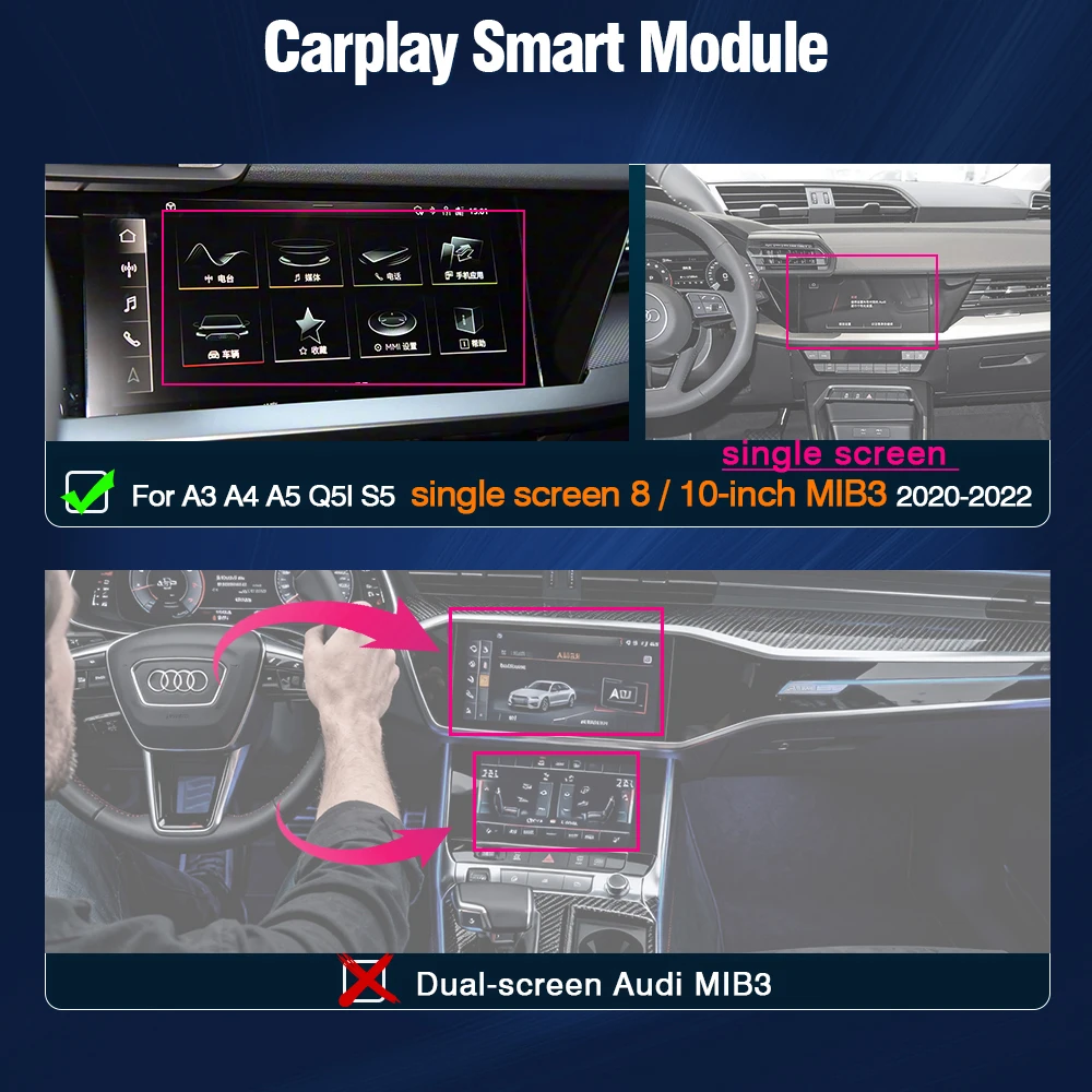 AUTOTOP Draadloze CarPlay Android Auto Interface Box voor Audi A3 A4 A5 S5 Q4 Q5 MIB3. Alleen geschikt voor enkelvoudige 8" 10" schermen 2019-2024. OEM Retrofit Decoder MirrorLink Bluetooth-module met