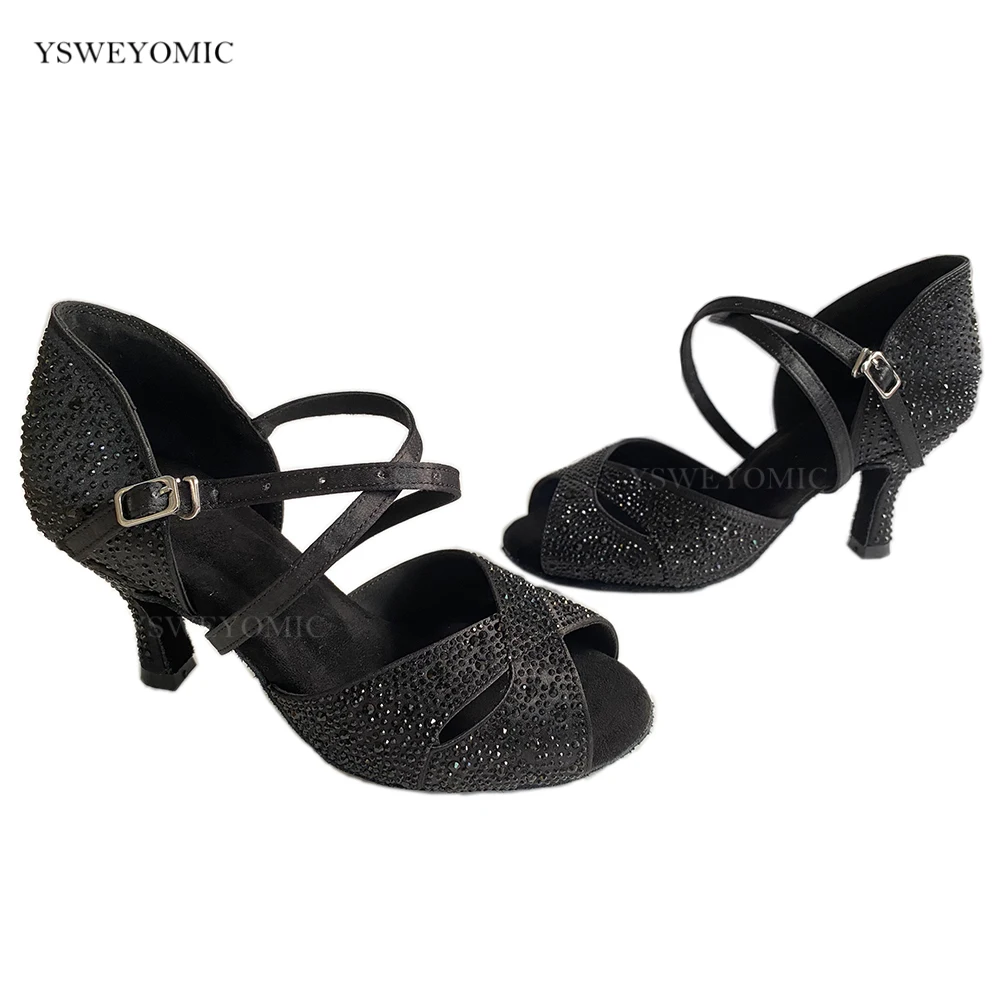 YSWEYOMIC Black Rhinestones Black Satin latin dance shoes women profesional Salsa Dance Party Social Dance Shoes