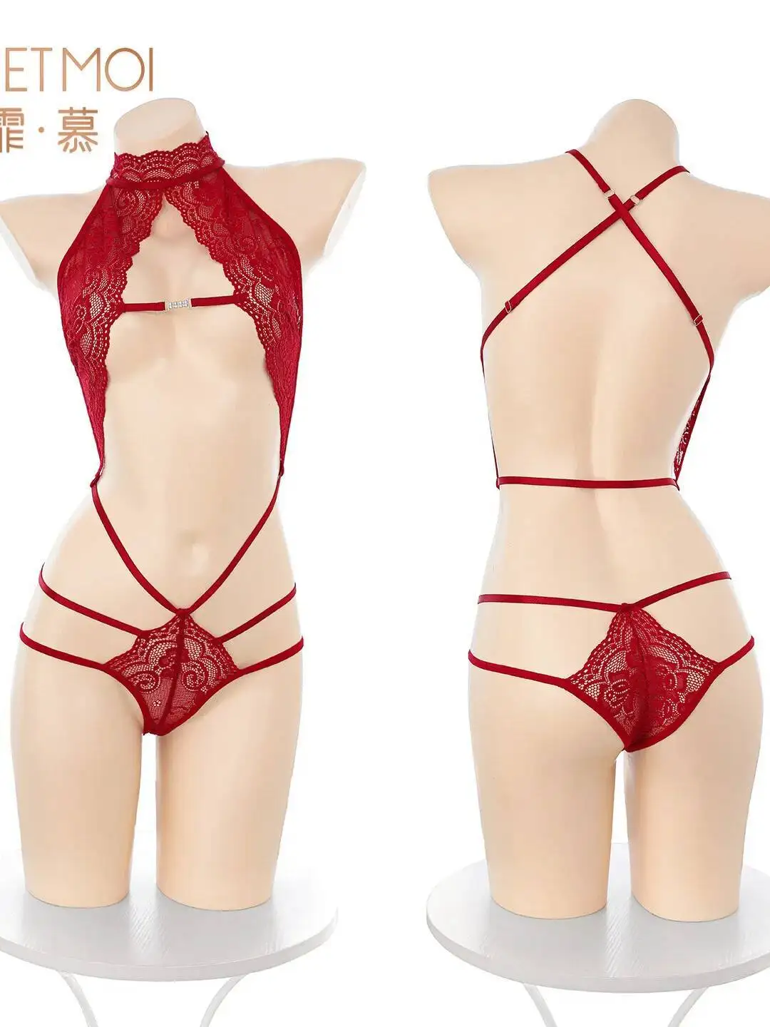 Sexy seducente pizzo scava fuori body flirt sexy body tinta unita backless bretelle a V profonde tute senza maniche M7VW