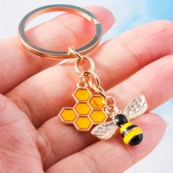 Rhinestone Bee Honeycomb Shape Keychain Insect Series Metal Pendant Key Ring Girls Boys Bag Ornament Accessories