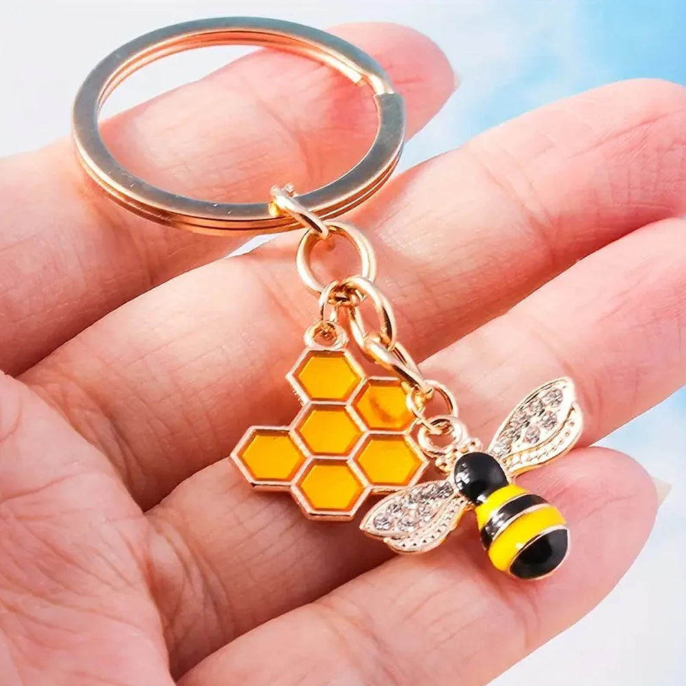 Rhinestone Bee Honeycomb Shape Keychain Insect Series Metal Pendant Key Ring Girls Boys Bag Ornament Accessories