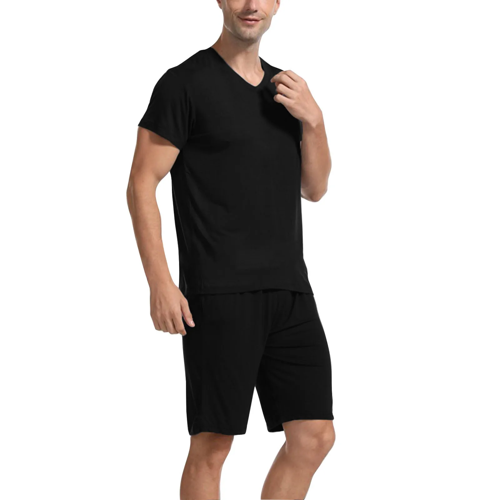 Men's Pajama Set Lightweight Quick Drying Short Sleeved V Neck Shirt And Shorts Soft And Comfortable Pants For Men Sleepwear