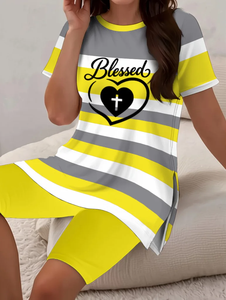 

2025 летний женский новый модный костюм с 3D принтом, женский свободный топ с круглым вырезом + однотонные тонкие шорты, женский костюм в стиле кемпинга