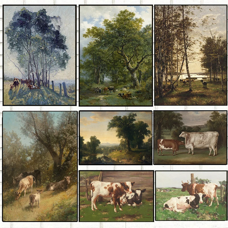 Vintage-Poster mit ländlichen antiken Tieren, Kühe im Wald und auf dem Weide, Leinwandgemälde, Bauernhaus-Wandkunst, Bild, Büro- und Heimdekoration