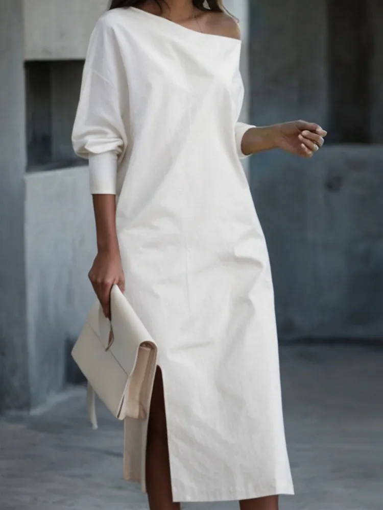 

UOOZEE Women's Black White Color Split-Side One-Shoulder Midi Dresses Long Sleeves Loose Solid Color Casual Fashion Simple Dress