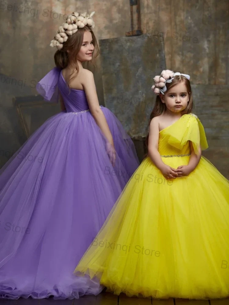 

Dresses For Elegant Party Girls Solid color Single Shoulder Tulle Bow Special Offer Child Elegant Evening Party Prom Dresses