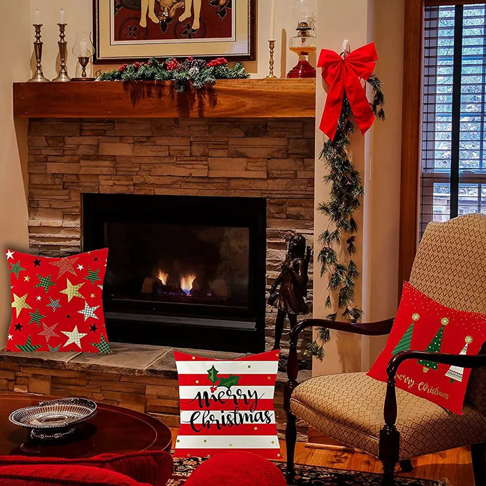 AA94-Christmas Cushion Covers Set Of 4 Linen Christmas Pillow Cases 18 X 18 Inch Xmas Design Throw Pillow Cases For Sofa