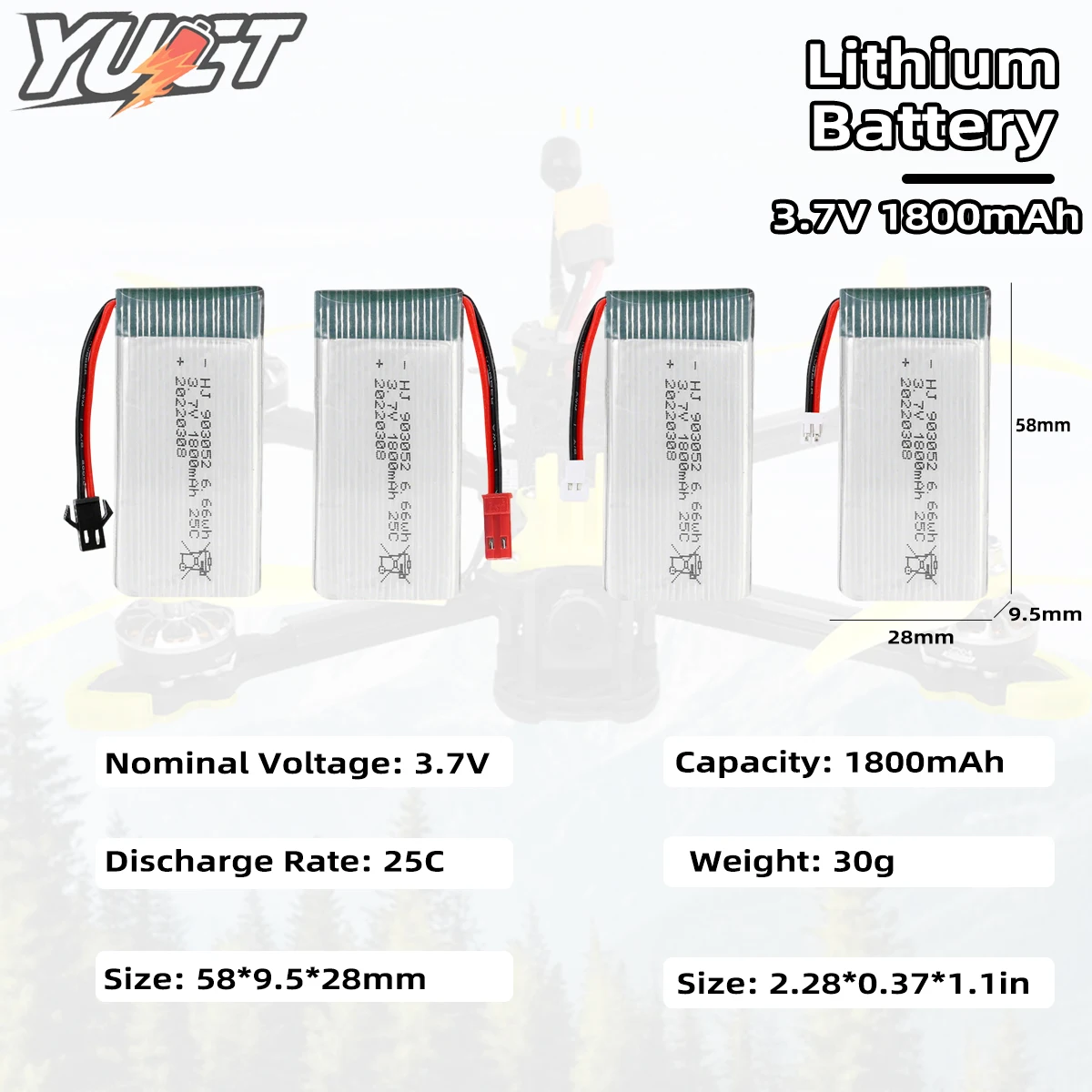 YUCT 3.7V 1800mAh 25C High-Rate LiPo Battery - Replacement for X5SW Drone (Part #903052) - RC Model Aircraft Accessory