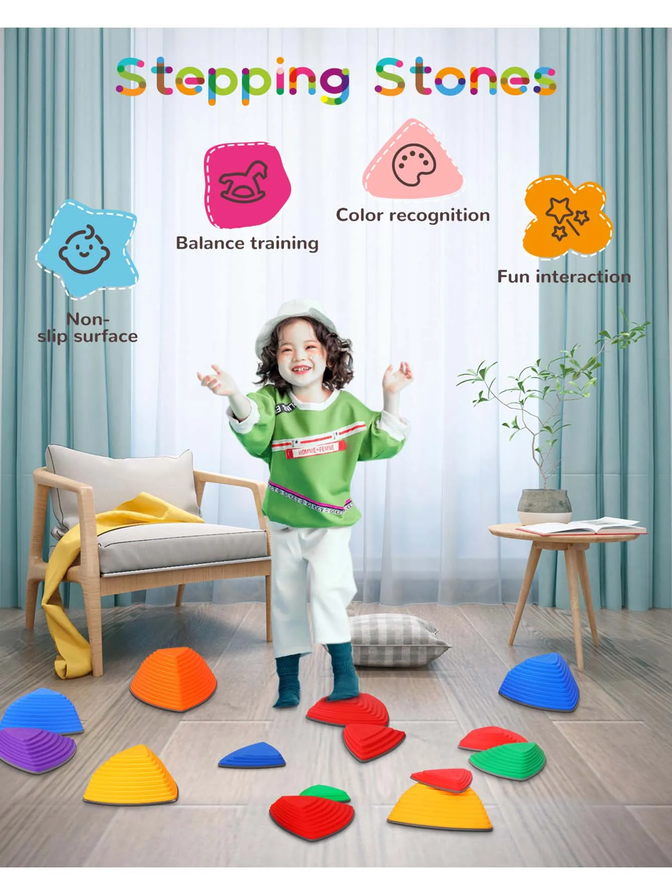 Piedras de río de equilibrio antideslizantes para niños pequeños, 25 piezas, Color arcoíris, equipo de juego para interiores y exteriores