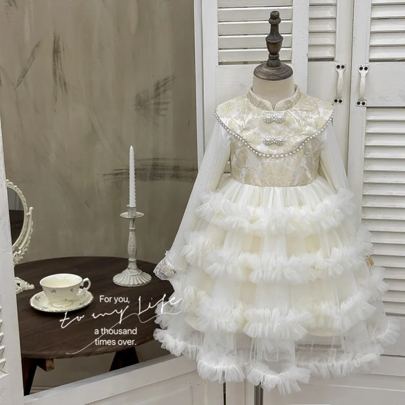 

Girls' Dress2025Autumn New Style New Chinese Style Beaded National Style Heavy Craft Princess Dress Little Girl Flower Girl Gown