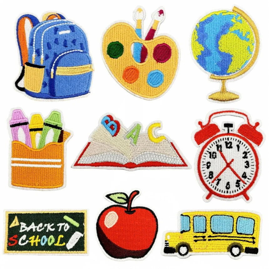 

Back To School Bus Iron On Sew On Embroidered Patches Clothing Hat Bag Shoe Repair Phone Gift Box Decor DIY Accessory 10 Pcs