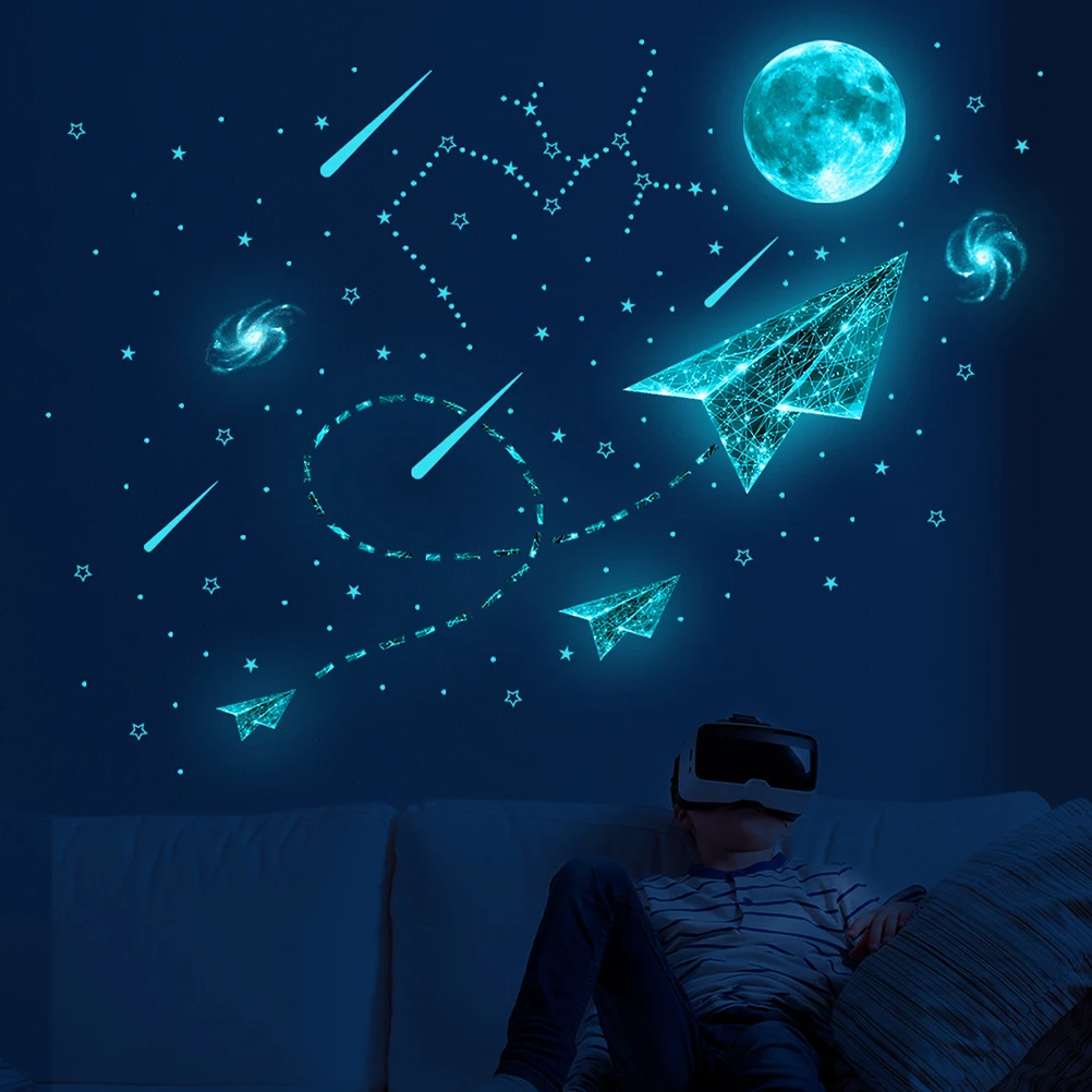 

Luminous Wall Sticker Decoration Kids Room Cartoon Airplane Space Theme Removable Pvc Stars Decal Baby