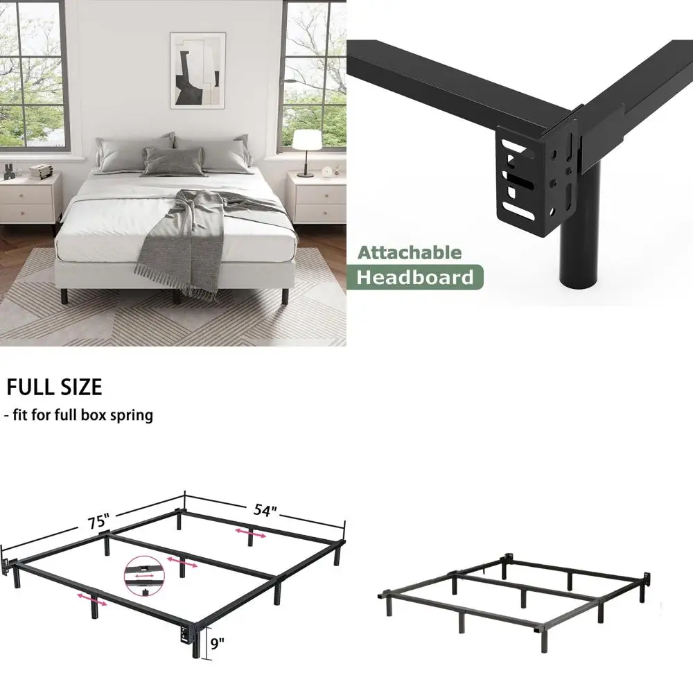 

9 Metal High-Profile Bed Frame, Box Spring Support, 9-Leg Sturdy Design, Quiet, Easy Assembly, Black