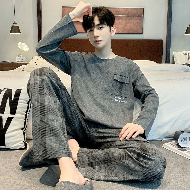 2026 Spring Autumn Long Sleeve Casual Plaid Cotton Pajama Sets for Men Korean Loose Sleepwear Pyjamas Male Homewear Home Clothes