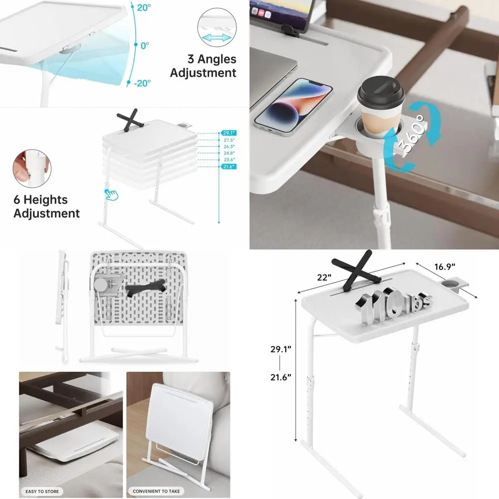 Adjustable Folding TV Tray Table with Laptop Stand, Cup Holder, and Tablet Slot for Couch and Bed Use in White