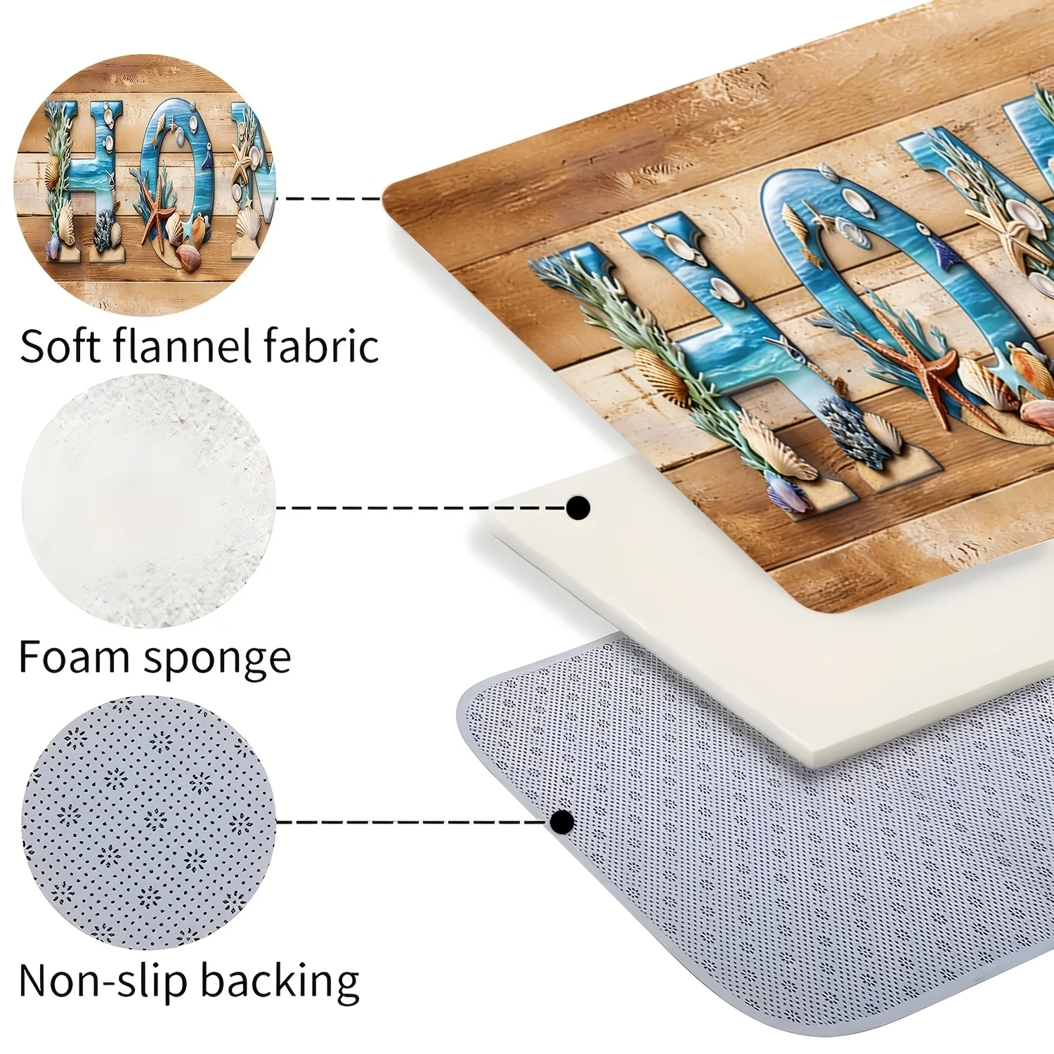 Wood Plank HOME Sea Shell Starfish Kitchen Runner Mat Anti Slip Ocean Coral Beach Letter Print Carpet for Kitchen Hall Bathroom