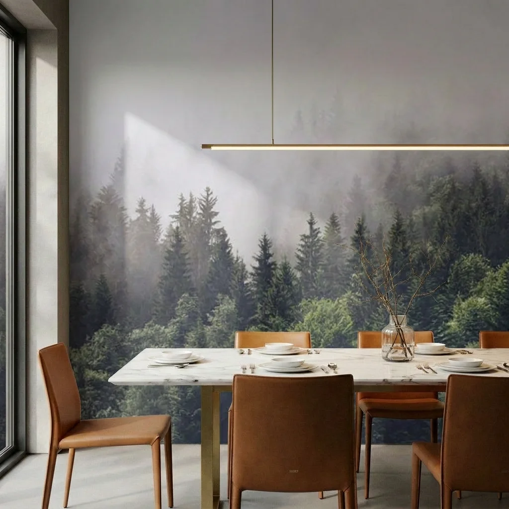 Self-adhesive material featuring diffuse mist and layered pine trees, perfect for living room and bedroom background walls.