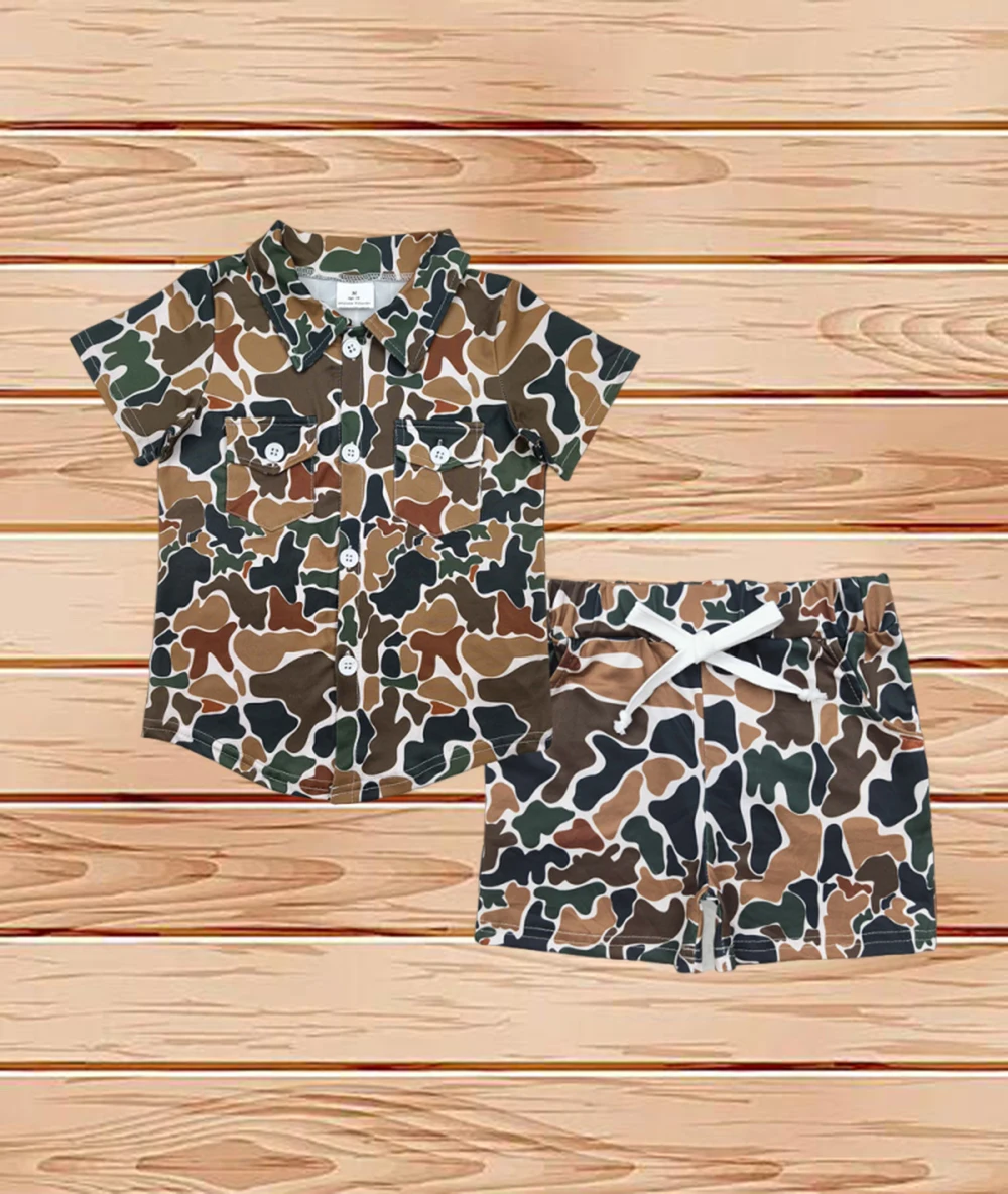 

4.18 Wholesale Western Boutique outfits children clothing Baby Boys Brown Camouflage Button Pockets Shirts Top Shorts Sets