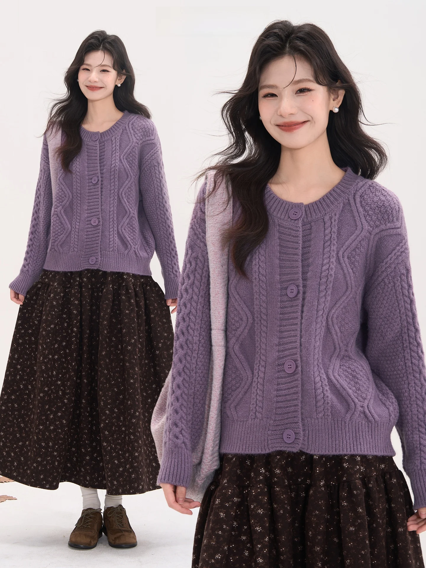 

Женский модный вязаный кардиган Sweet Knitted Twisted Sweater Carrot Window Heme Little Island Ling Po с круглым вырезом и длинными рукавами, осенний