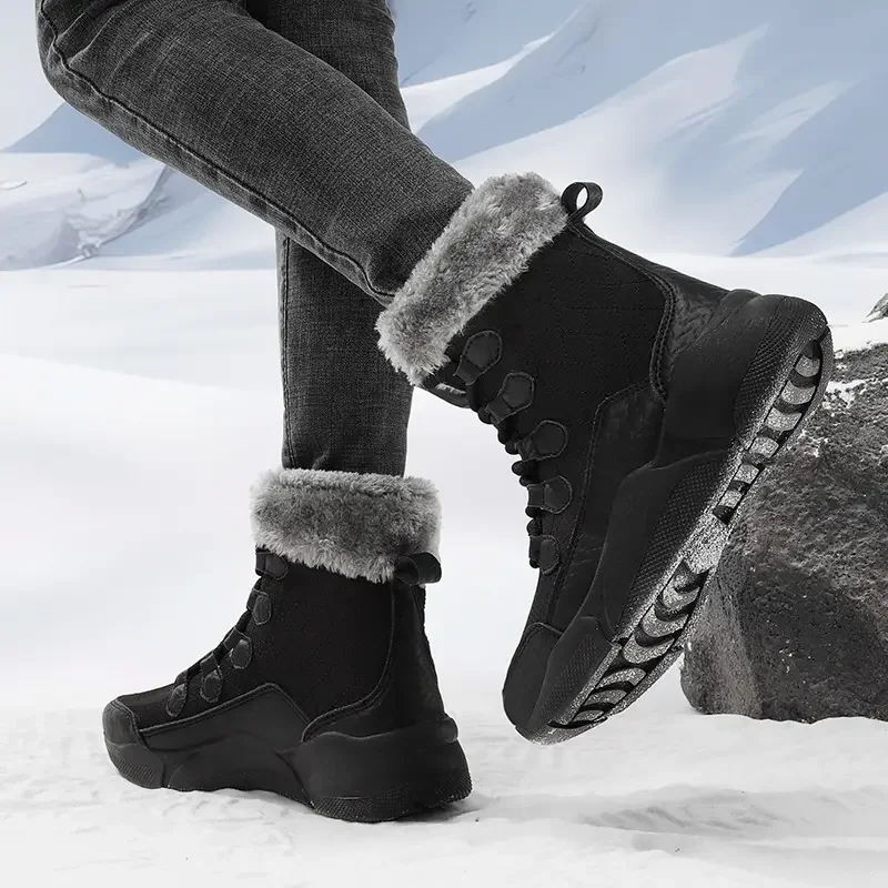 Boots Woman Winter 2023 Comfortable Outdoor Warm Cotton Shoes with Tie Up Thick Sole Ankle Boots 36-42 Rubber Boots for Women