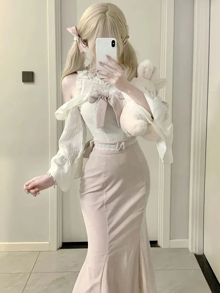 

Японский сладкий комплект юбки в стиле Лолиты, женская милая блузка с оборками и бантом, тонкие топы, розовая вечерние юбка-миди, костюм, шикарные корейские наряды Y2k