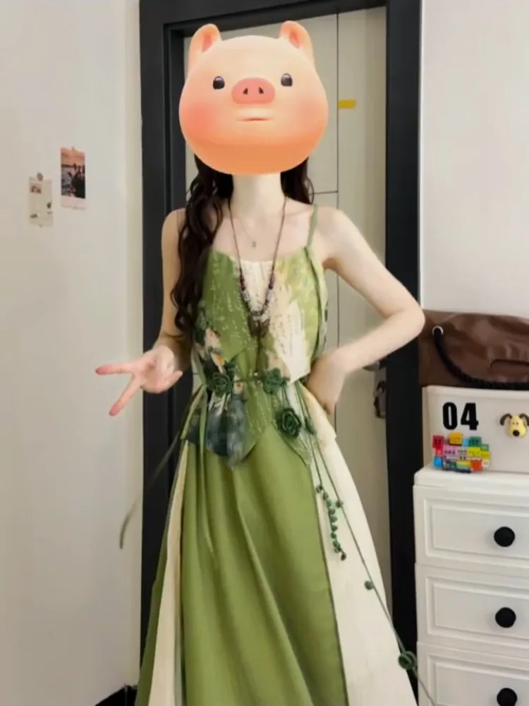 2025 New Vintage French Gentle Chinese Style Early Spring Knee-Length Dress Women's Fashion Waist-Cinching Fake 2-Piece Dresses