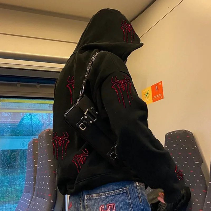 

Женская толстовка Y2K в готическом стиле с пауком и стразами, на молнии, для пар, модный спортивный костюм, топы 2026