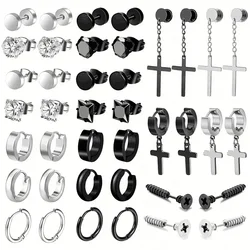 10 Pairs Simple Stainless Steel Zircon Stud Earrings For Men, Cross Pendant Hoop Earrings For Daily Wear